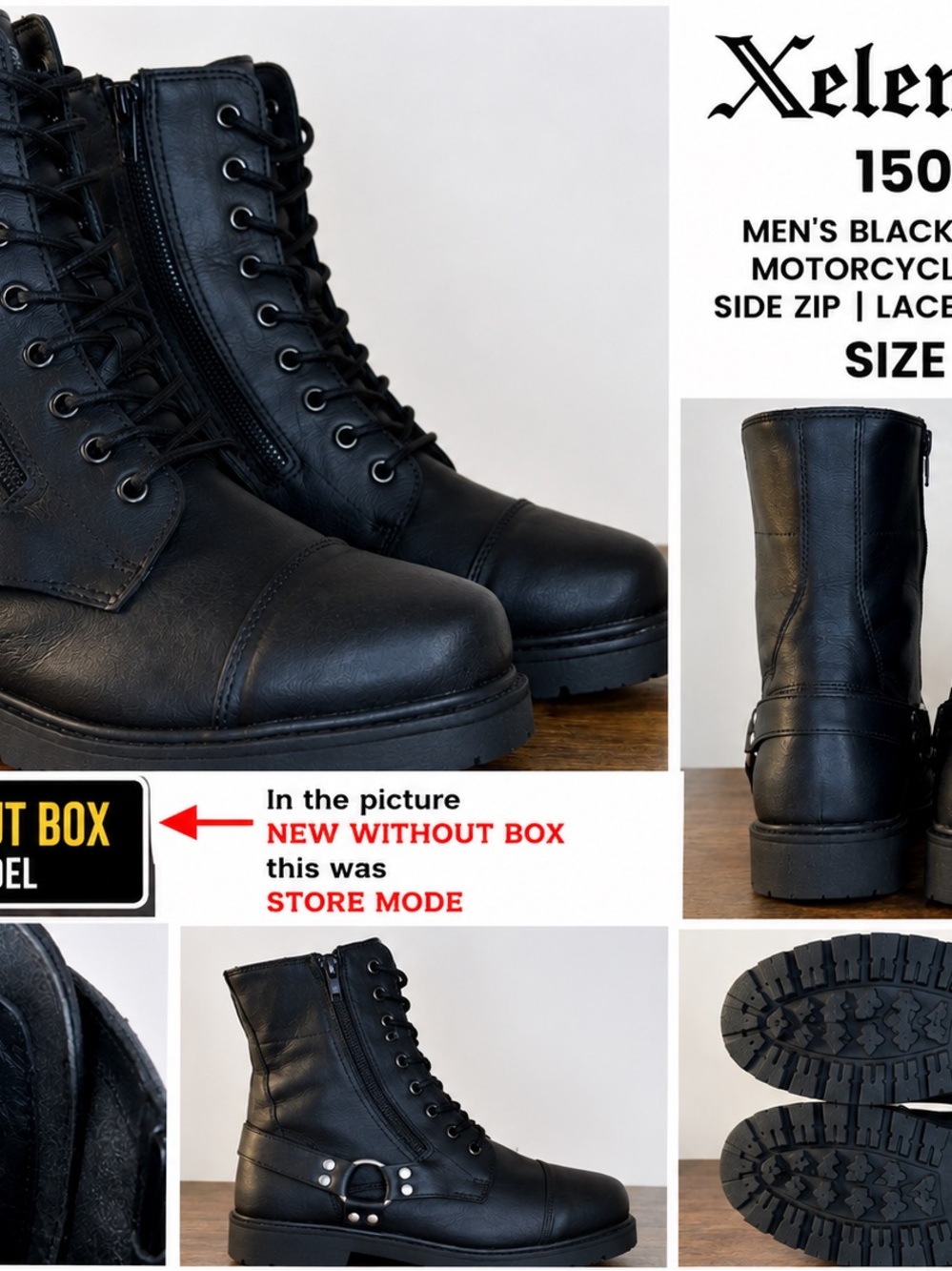 Xelement 1505 Men’s Black Leather Motorcycle Boots Side Zip Lace Up Biker Size 9